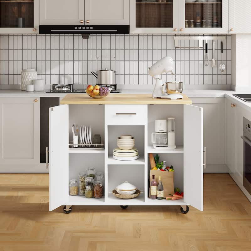 2-Door Kitchen Island with Drawer & Drop Leaf - Mobile Storage Cart on Lockable Wheels for Kitchen, Dining Room, Bar