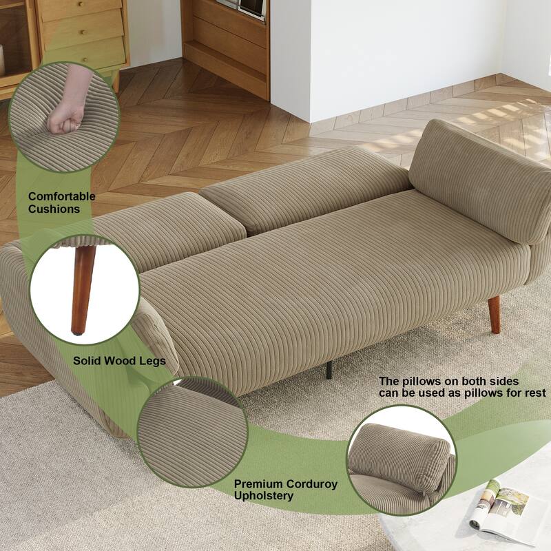 73" W Upholstered Corduroy Convertible Sleeper Sofa Bed with Pillows