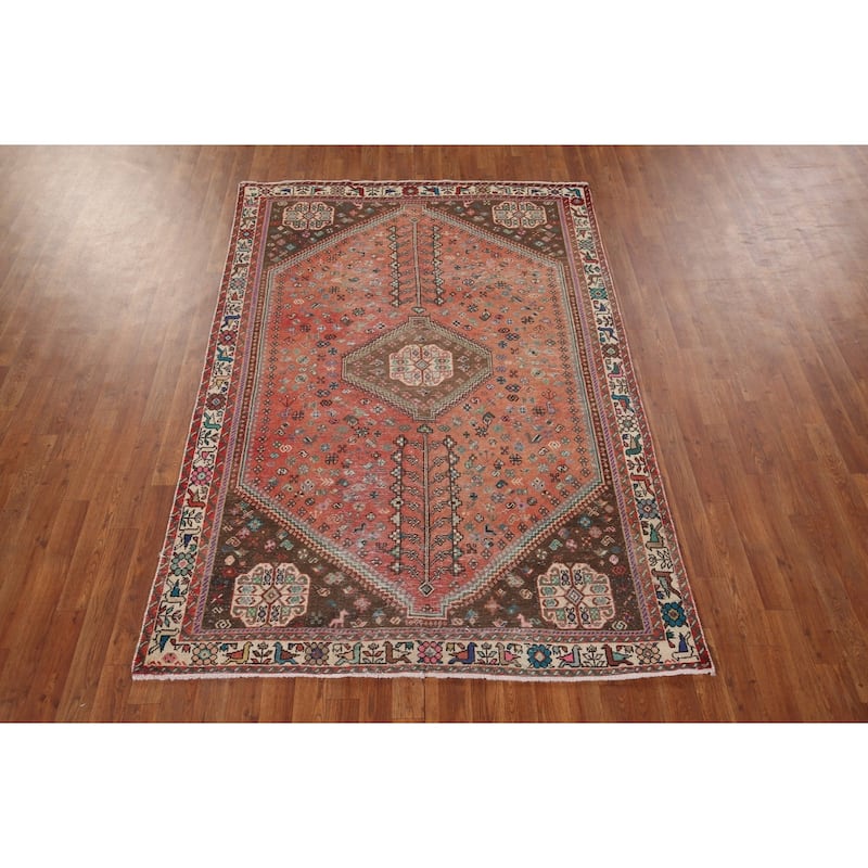 Tribal Geometric Shiraz Persian Vintage Rug Hand-Knotted Wool Carpet - 5'1" x 7'2"