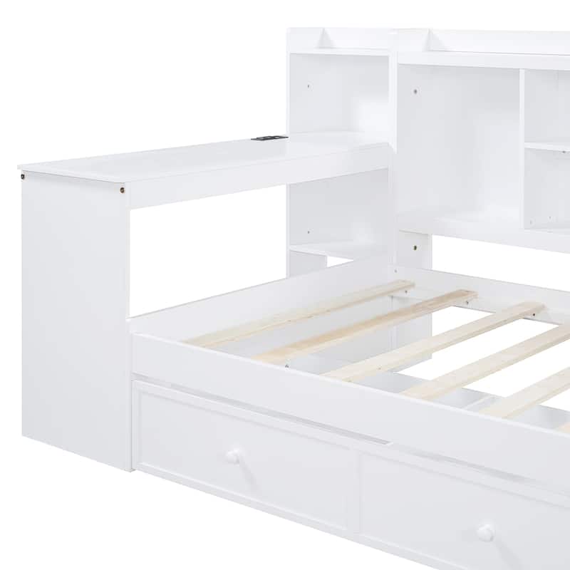 Full Size Wooden Daybed with Desk, USB Ports, 3 Storage Drawers & Side Storage
