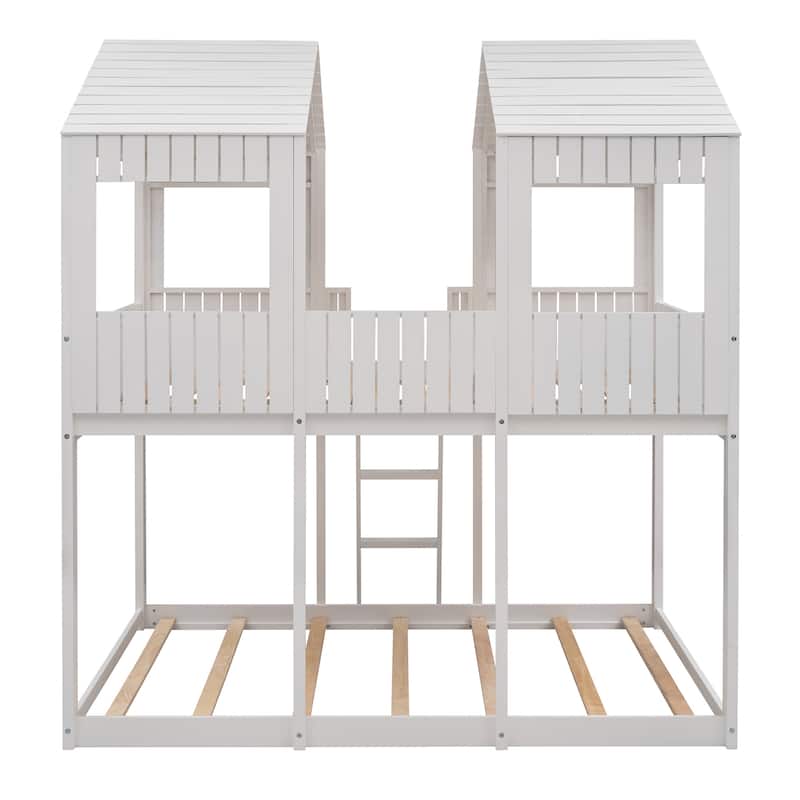 Full Over Full Pine House Bunk Bed with Roof and Ladder
