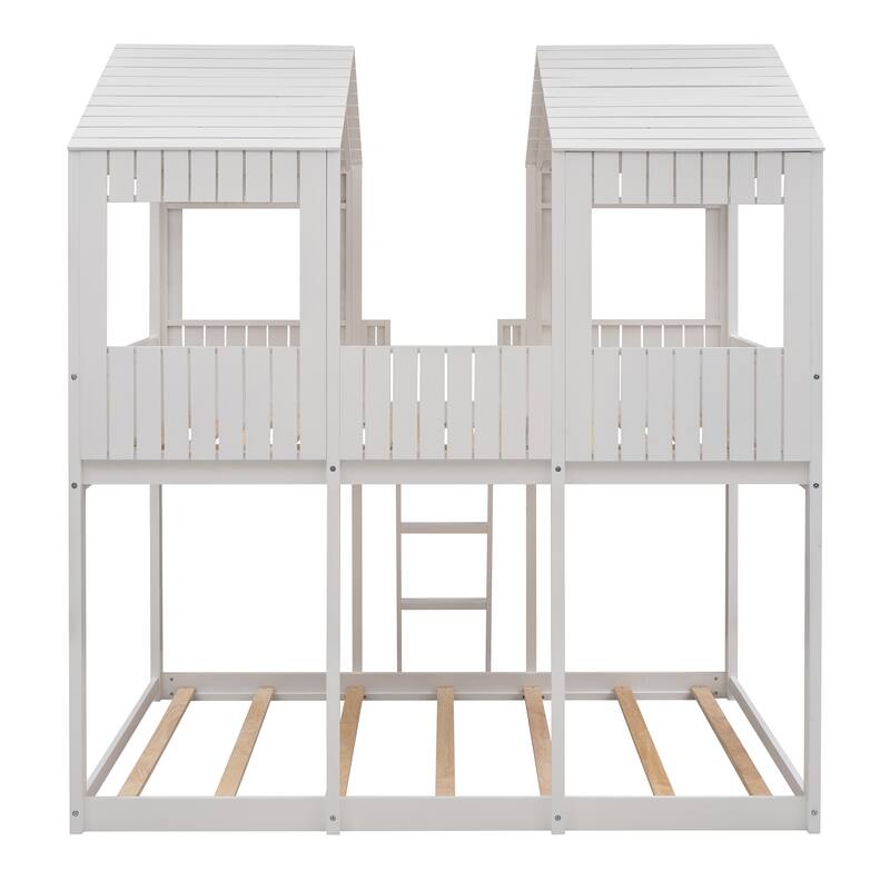 Sturdy Full Over Full Wood Bunk Bed with Playhouse Roof and Guardrails, 400lbs Capacity