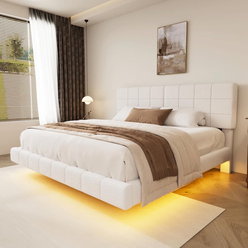 White Bouclé Floating Bed with Ambient Light