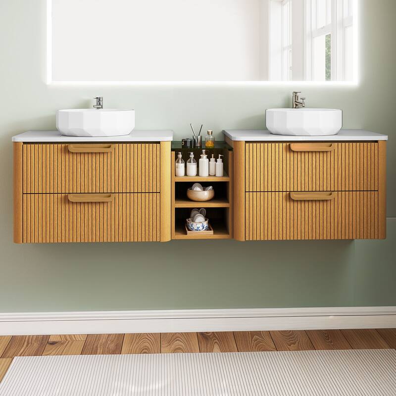 Moasis 72 Inch Floating Bathroom Vanity with Dual Ceramic Basins and 4 Storage Drawers - Natural