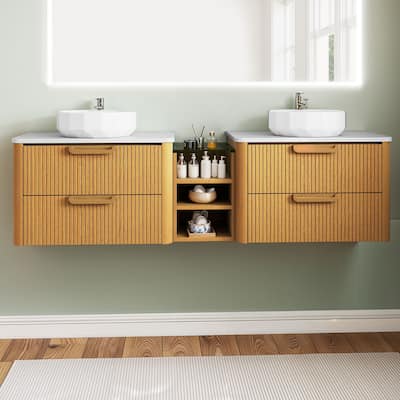 Moasis 72 Inch Floating Bathroom Vanity with Dual Ceramic Basins and 4 Storage Drawers
