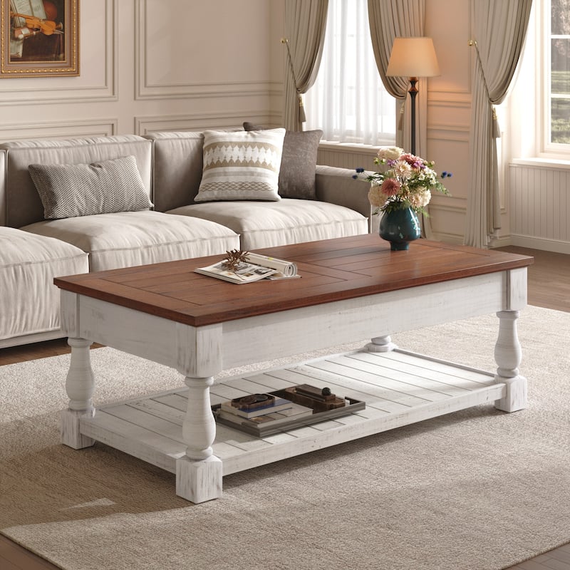 Farmhouse Lift Top Coffee Table with Fixed Shelf - 3 Hidden Storage Trays