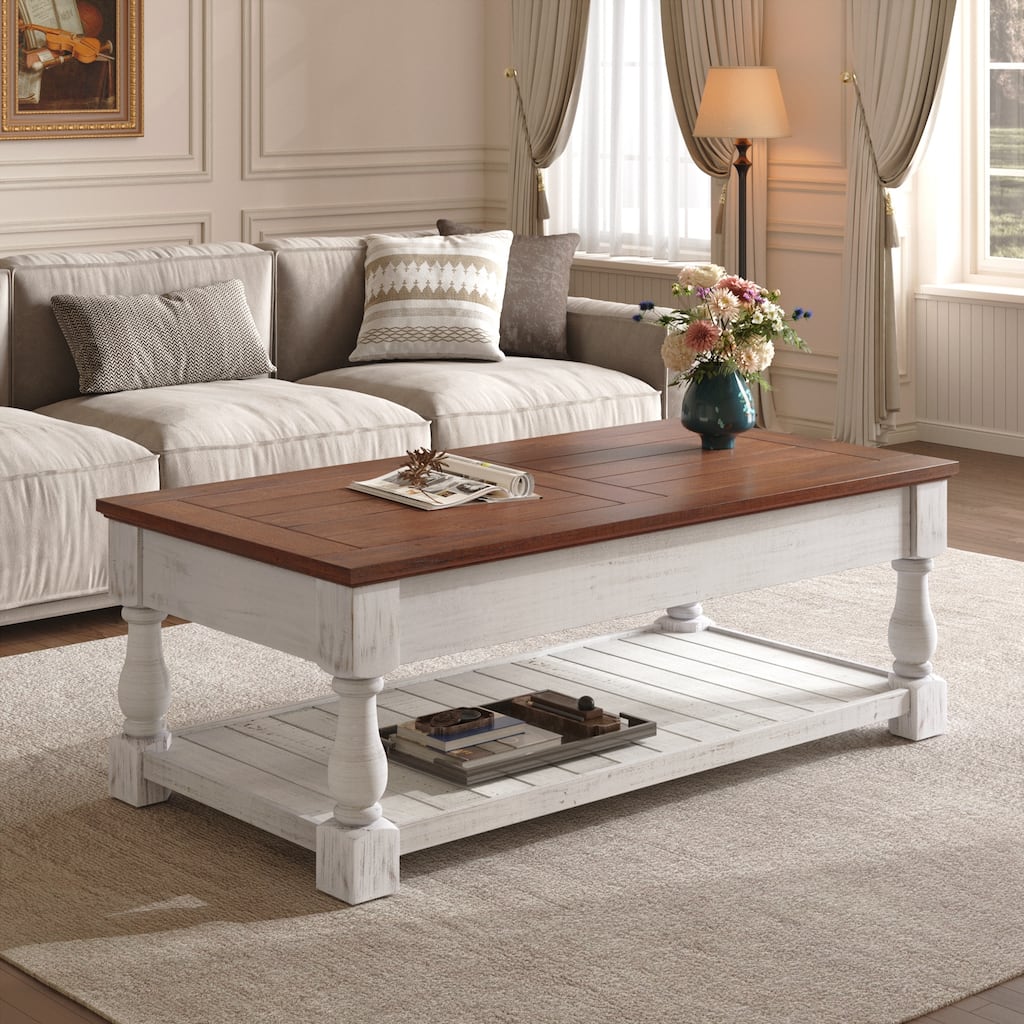Farmhouse Lift Top Coffee Table with Fixed Shelf - 3 Hidden Storage Trays