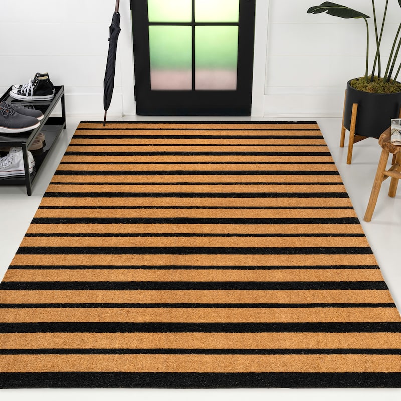 Hadley Modern Classic Ticking Stripe Coir Indoor/Outdoor Area Rug - Natural/Black - 3 X 5