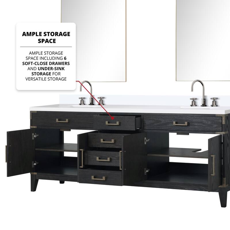 Laurel 60 in W x 22 in D Black Oak Double Bath Vanity, White Quartz Top, Faucet Set, and 28 in Mirrors