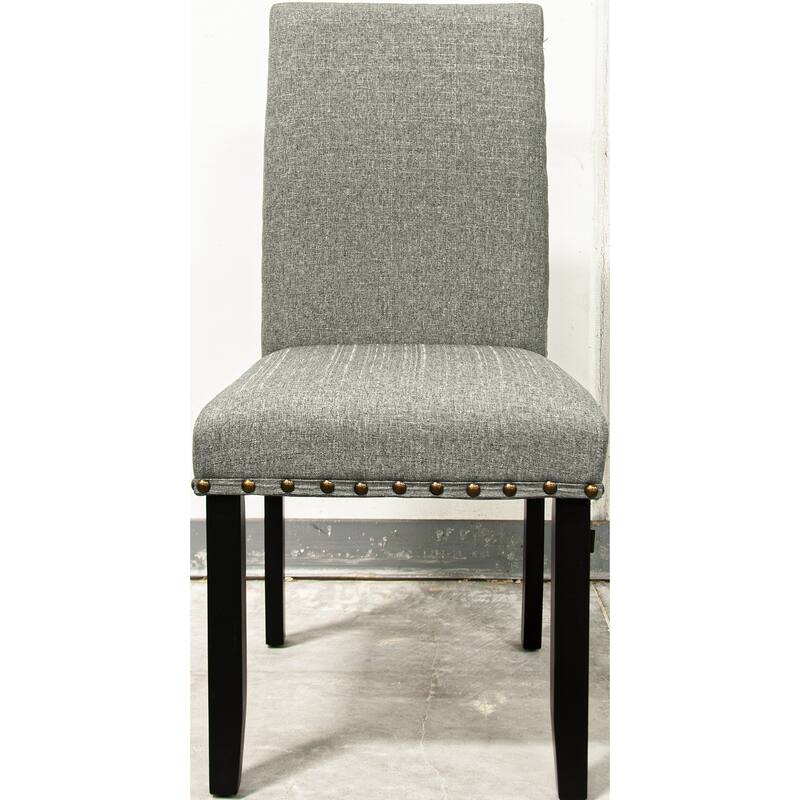 Modern Classic Dining Room Furniture Natural Wooden Round Dining Table 4x Side Chairs Gray Fabric Nail heads Trim and St