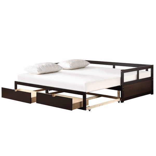 Twin Wooden Daybed with 1 Trundle and 2 Storage Drawers