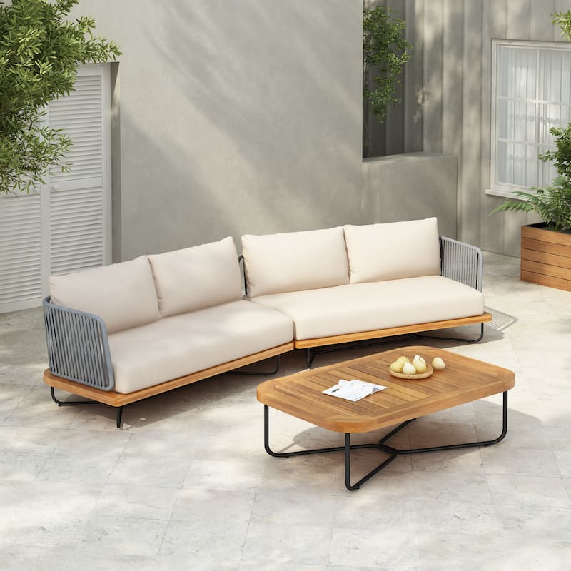 Christopher Knight Home - Evelyn Patio Outdoor Acacia Wood Rope Sofa Set - 2pc sofa set(no table） - Teak Finish+Beige Cushion