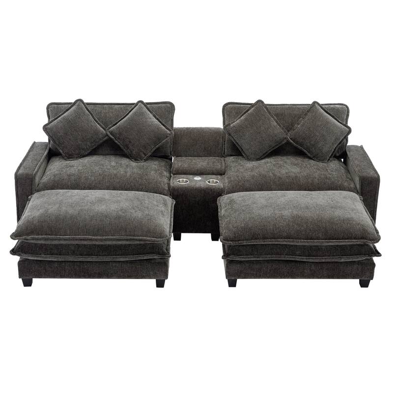 111" Grey Chenille Sectional Sofa with 2 Removable Ottomans, USB Ports, Cup Holders & Storage Box