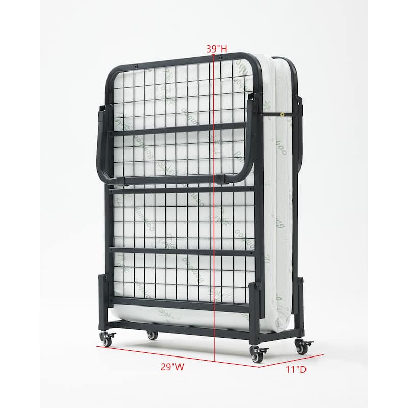 Franco Black Steel Folding Bed with Foam Mattress and Wheels