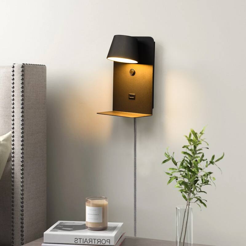 Modern Reading LED Wall Lamp with USB Charging Port Case - Indoor Wall Sconces Adjustable with Shelves for Living Room