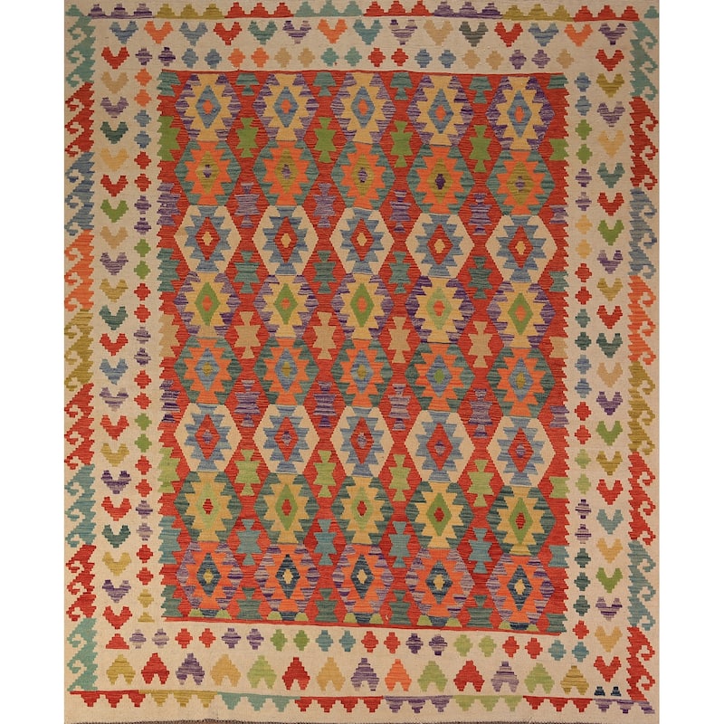 Reversible Kilim Area Rug Hand-Woven Oriental Orange Wool Carpet - 8'4" x 9'9"