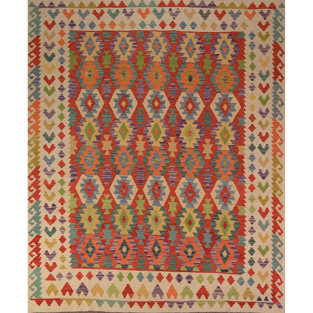 Reversible Kilim Area Rug Hand-Woven Oriental Orange Wool Carpet - 8'4" x 9'9"