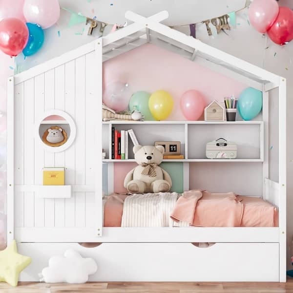 slide 2 of 36, Playhouse Design Full Size House Wooden Bed With Trundle, Modern Design for Kids with Storage Shlef-White White