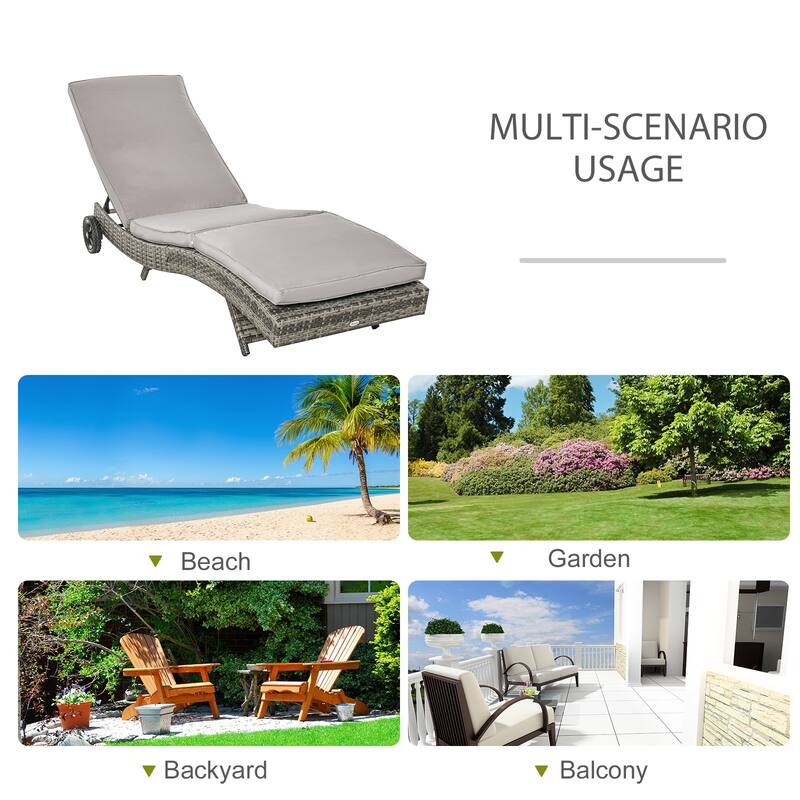 Outsunny Outdoor PE Rattan Patio Chaise Lounge Chair with 5 Backrest Angles & 2 Wheels for Easy Movement, Grey