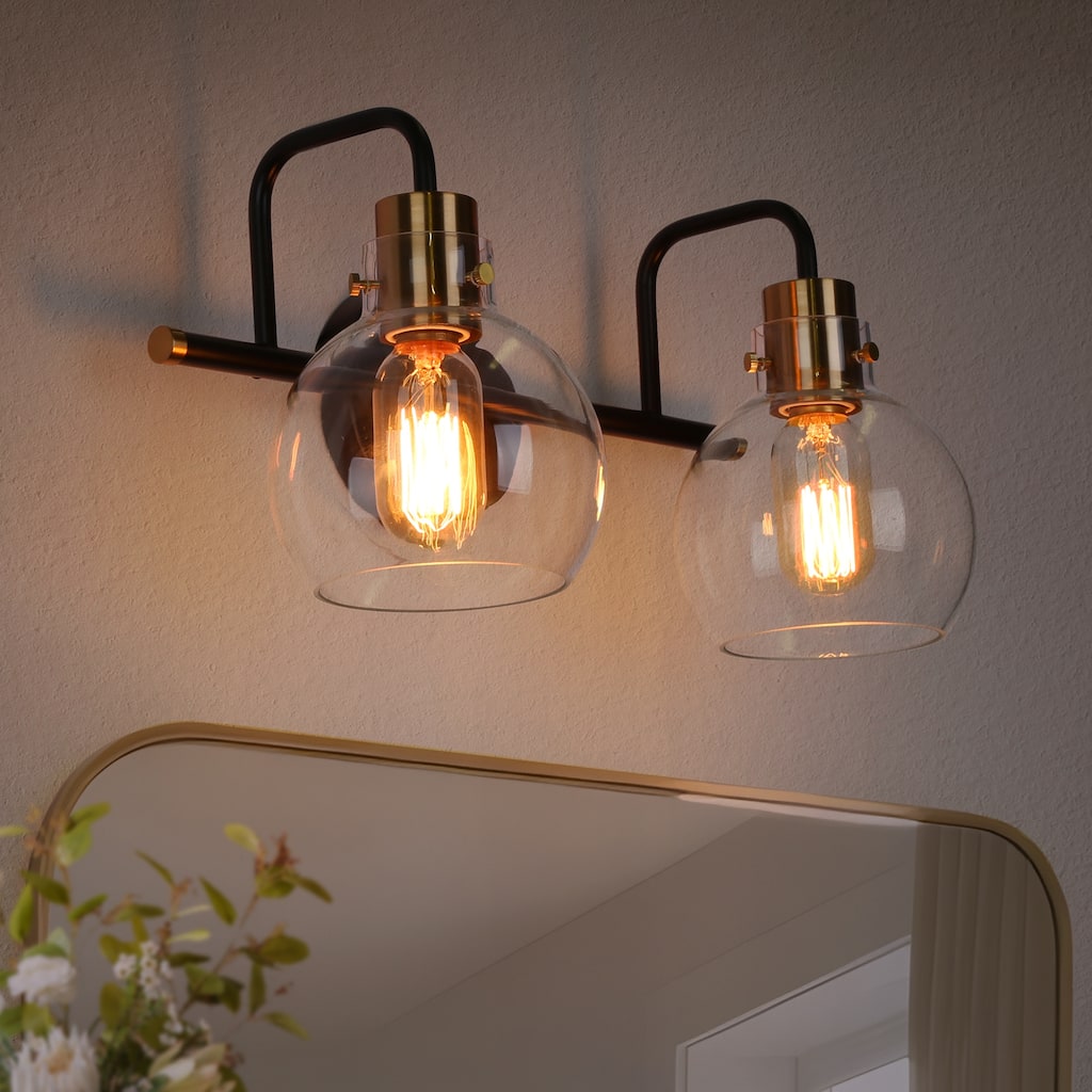 Modern 2-Light Black Gold Bathroom Vanity Light Wall Sconce with Clear Glass - 14.5" L x 8" W x 8.5" H