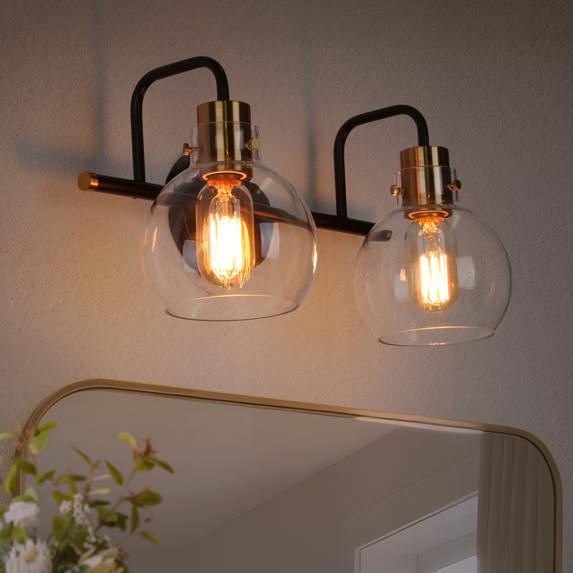 Modern 2-Light Black Gold Bathroom Vanity Light Wall Sconce with Clear Glass - 14.5" L x 8" W x 8.5" H