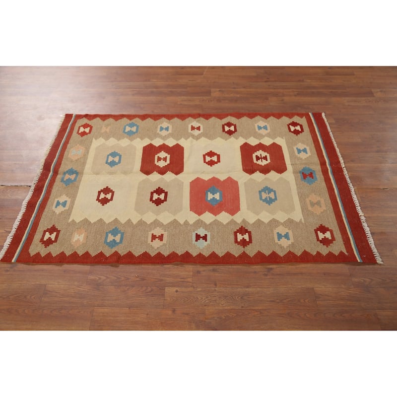 Hand-Woven Geometric Kilim Persian Accent Rug Handmade Wool Carpet - 3'2"x 4'11"