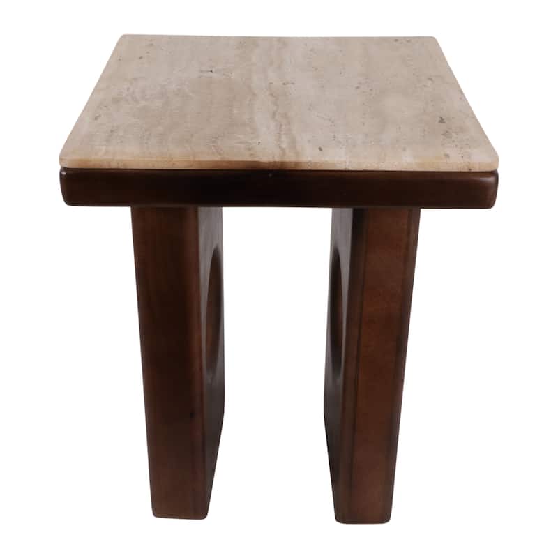 Square Stone Top Accent Side Table with Wood Base - 21", Tan & Brown - 21.0"