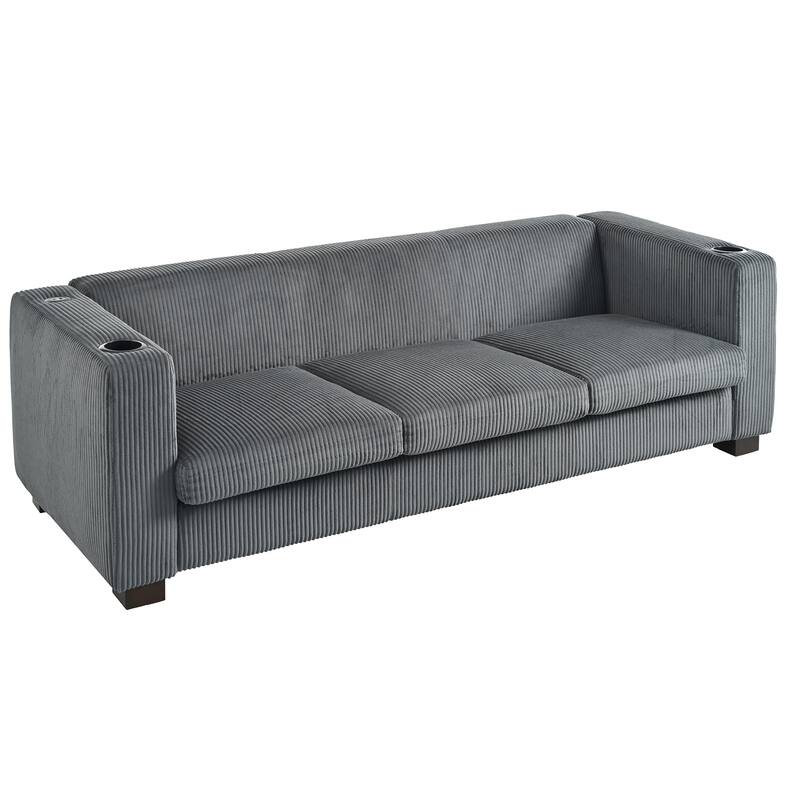 80″ Solid Wood 3-Seater Sofa with 2 USB Ports & Cup Holders