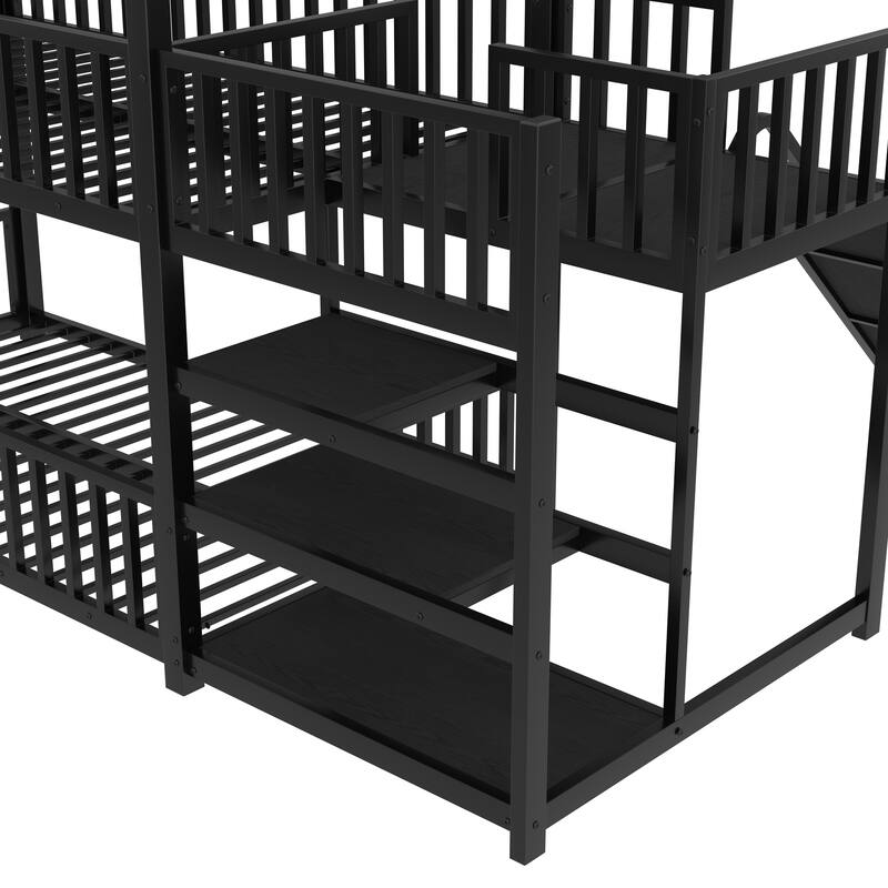 House Themed Bunk Bed with Storage Stairs, Slide and Safety Guardrails