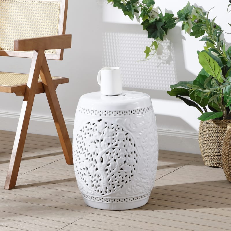 Tree of Life 18" Ceramic Garden Stool, White by JONATHAN Y
