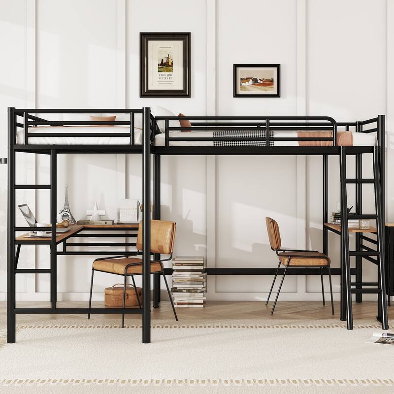 Black Twin Size Double Loft Bed with 2 Built-in Desks, Metal Loft Bed Frame with Safety Guardrails, Space-Saving Noise Free - Black - Twin