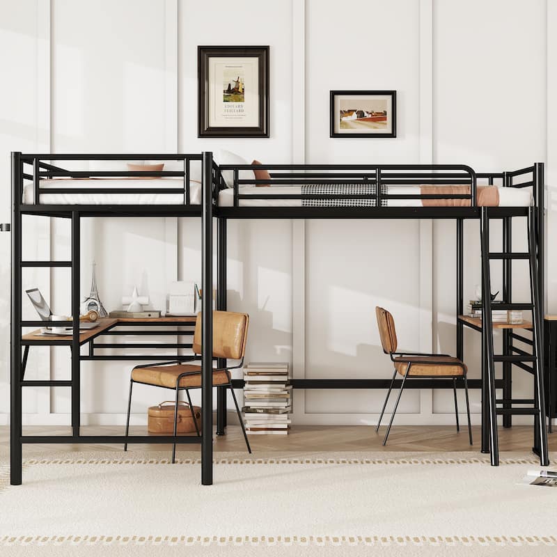 L-shape Metal Frame Loft Bed with Corner Desk and Workstation