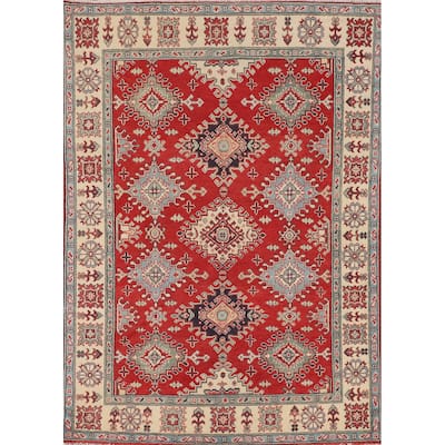 Geometric Red Kazak Rug Hand-Knotted Bedroom Wool Carpet - 4'10" x 6'9"