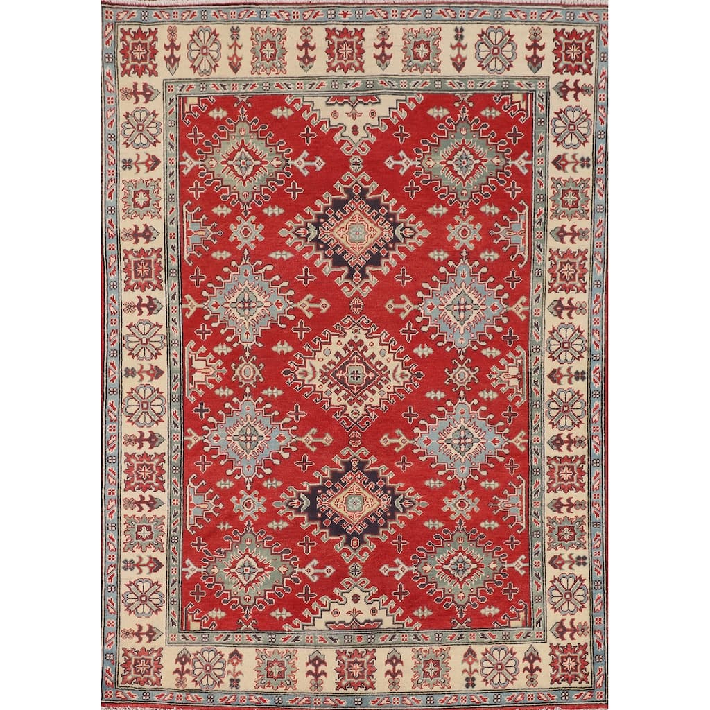 Geometric Red Kazak Rug Hand-Knotted Bedroom Wool Carpet - 4'10" x 6'9"