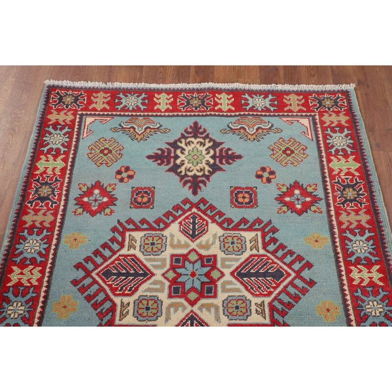 Light Blue Geometric Kazak Foyer Rug Hand-Knotted Oriental Wool Carpet - 3'5" x 4'10"