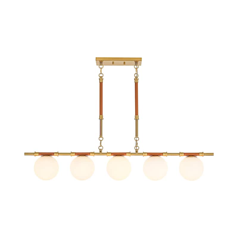 Modern French 5-Light Linear Chandelier in Brushed Brass with Textured Lychee Rods and Opal Globe Shades