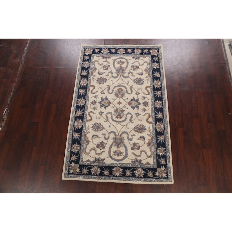 Beige Traditional Floral Oriental Wool Area Rug Hand-tufted Carpet - 5'0" x 8'0"