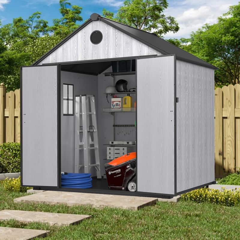 8ft Outdoor Plastic Storage Shed With Floor, 435 Cuft Waterproof Garden Shed With Lockable Door, Plastic Tool Storage