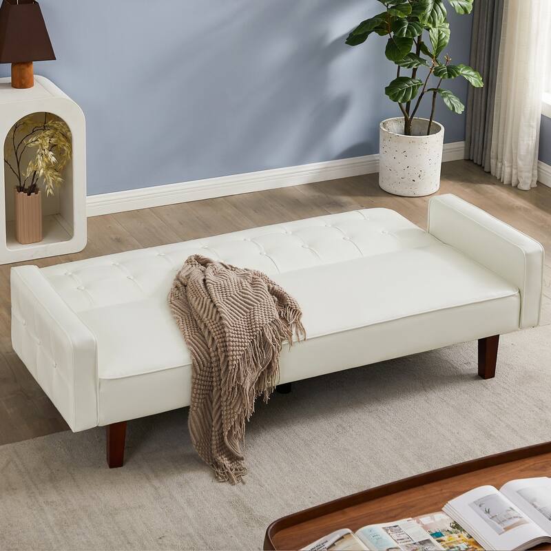 PU Futon Sofa Couch for Living Room Convertible Faux Leather Upholstered Futon Sleeper Sofa Bed Channel Tufted Bedroom Futons