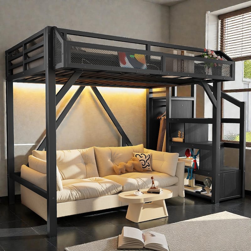 Metal Loft Bed with Storage Stairs, Wardrobe and Shelves, USB Ports and LED Lights, Noise Reduced Frame - Black - Twin XL