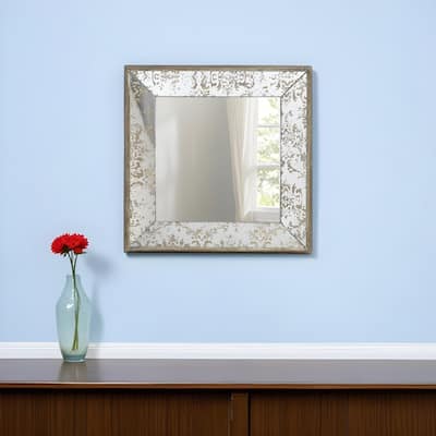HomeRoots 15" Brown Square Framed Antiqued Damask Accent Mirror - Brown and Silver - 15.2' X '15.2' X '2