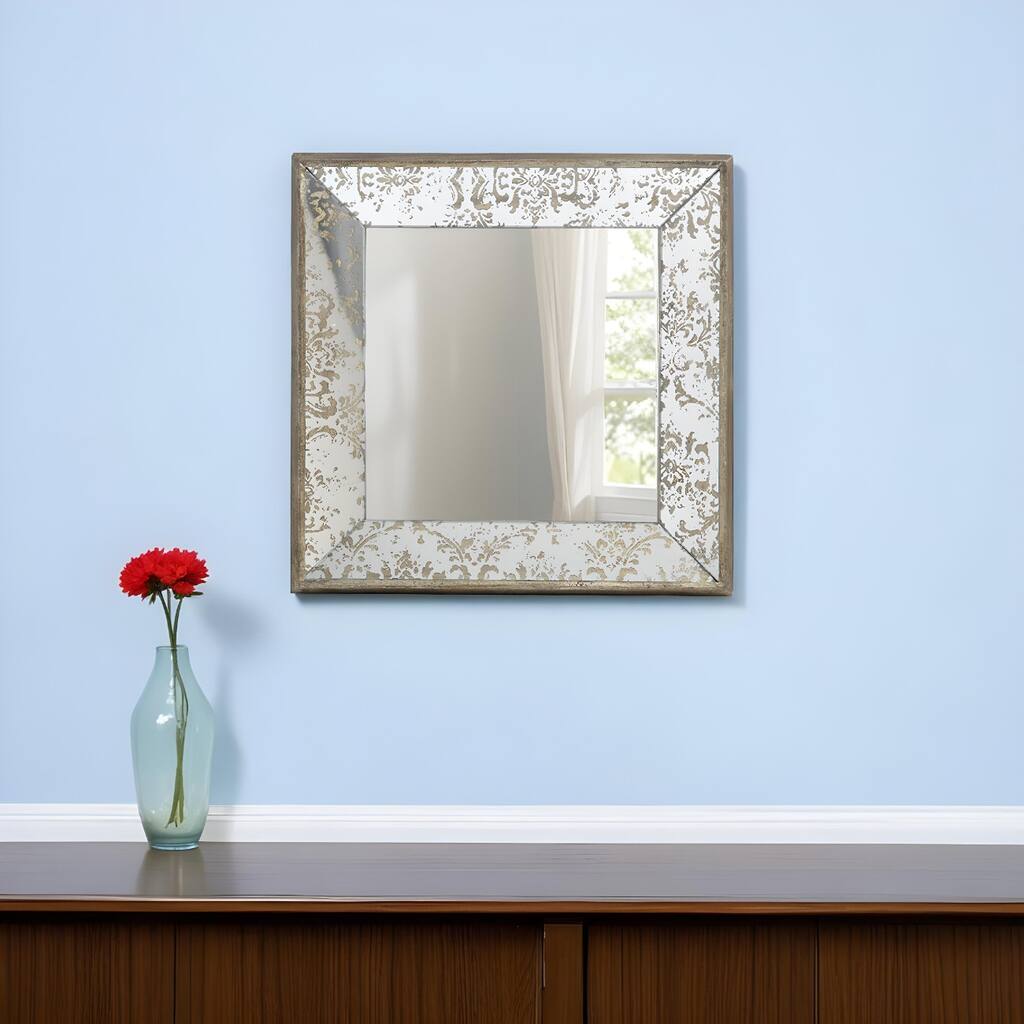 HomeRoots 15" Brown Square Framed Antiqued Damask Accent Mirror - Brown and Silver - 15.2' X '15.2' X '2