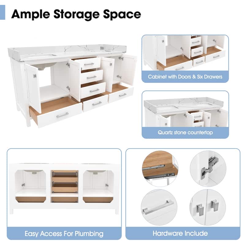 Nephelily 72 inch Transitional White Bathroom Vanity with Top