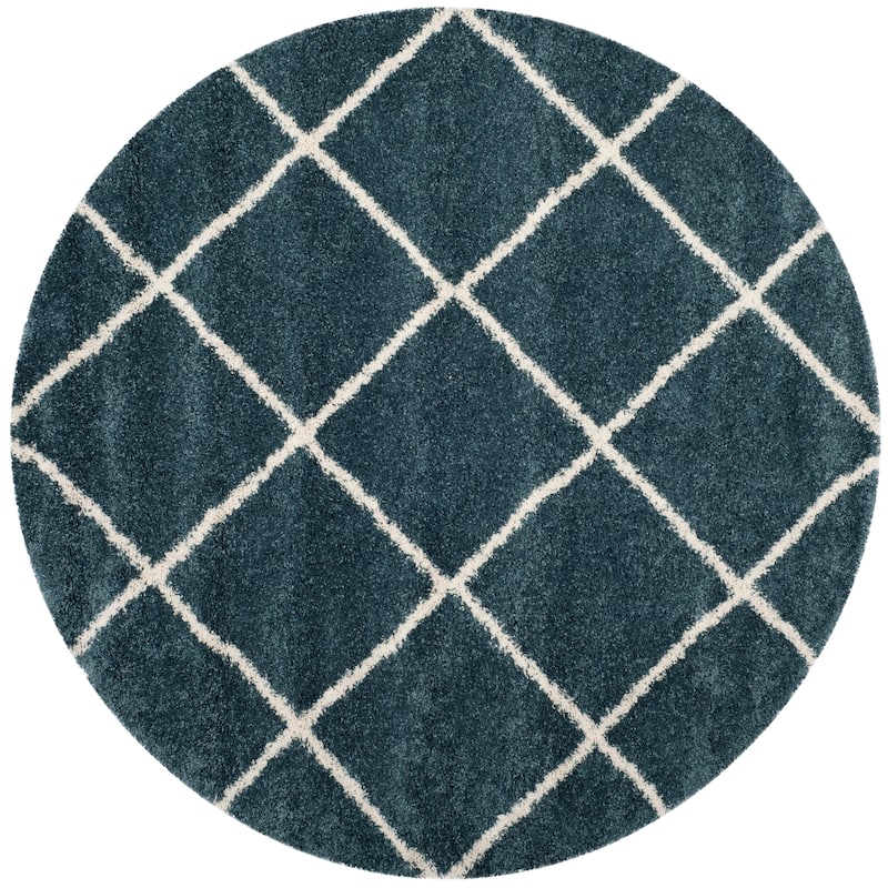SAFAVIEH Hudson Shag Estella Diamond Trellis 2-inch Thick Rug - 11' x 11' Round - Slate Blue/Ivory