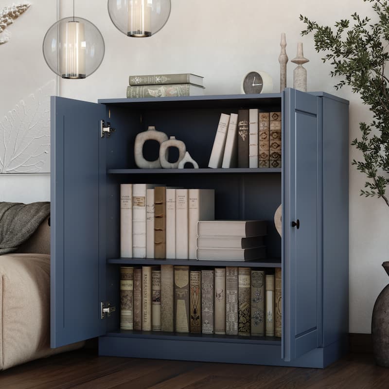 Palace Imports 100% Solid Wood 3-Shelf Bookcase, Adjustable Shelves, 32" Wide, 35.75" Tall - Solid Doors - Antique Blue