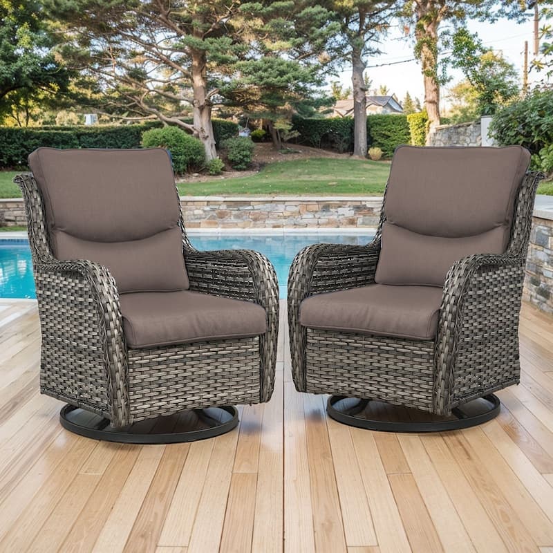 Outdoor Gliders Swivel Chairs Patio Chairs with 5-Inch Thick Cushions - Grey Rattan - Grey Cushion - 2PCS Swivel Chairs