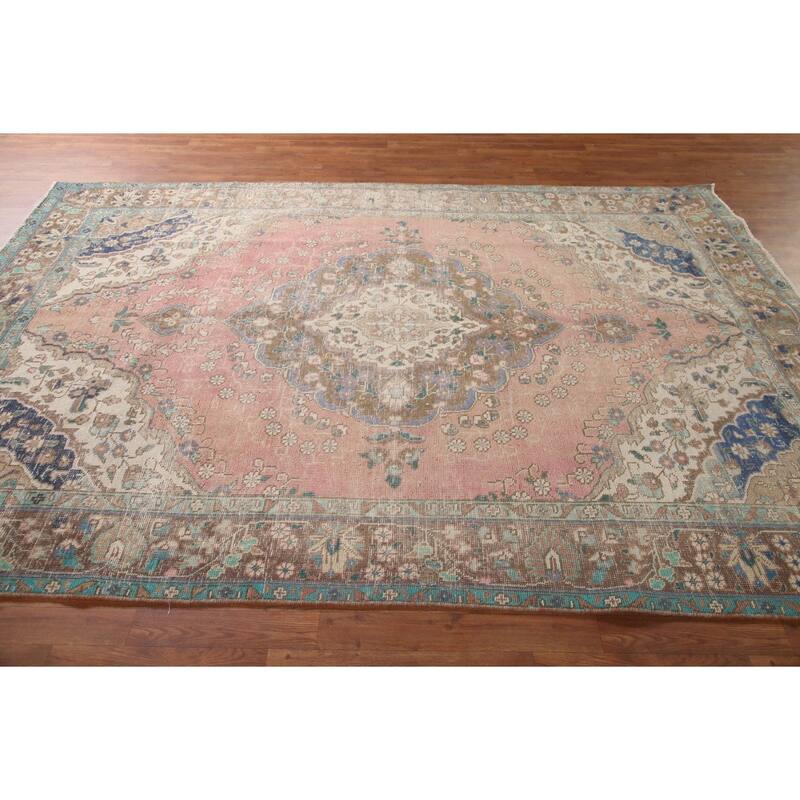 Hand Knotted Oriental 100% Wool Carpet Traditional Medallion Pink Tabriz Area Rug - 9' 8'' X 6' 8''