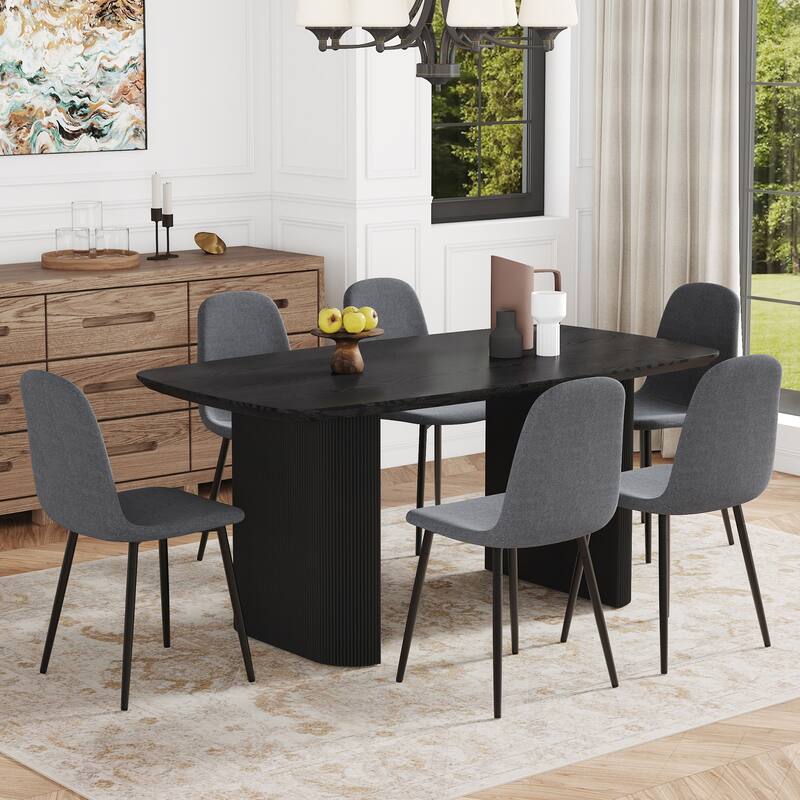 7-Piece Dining Table Set.67 * 35.4 inch wood grain MDF dining table With 6 High Resilience Dining Chairs