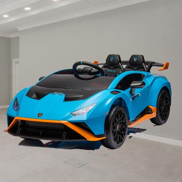 slide 2 of 25, Lamborghini Huracan STO 24V Kids Electric Ride-On Drift Car with LED Lights, Bluetooth, Remote Control, and Music for Ages 3-8