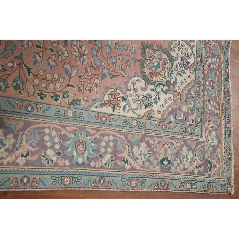 Hand Knotted Oriental 100% Wool Carpet Traditional Floral Pink Tabriz Area Rug - 9' 6'' X 6' 8''